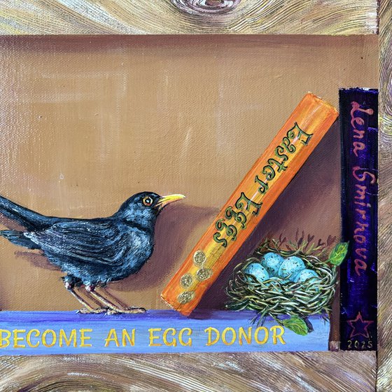 Bookshelf with birds