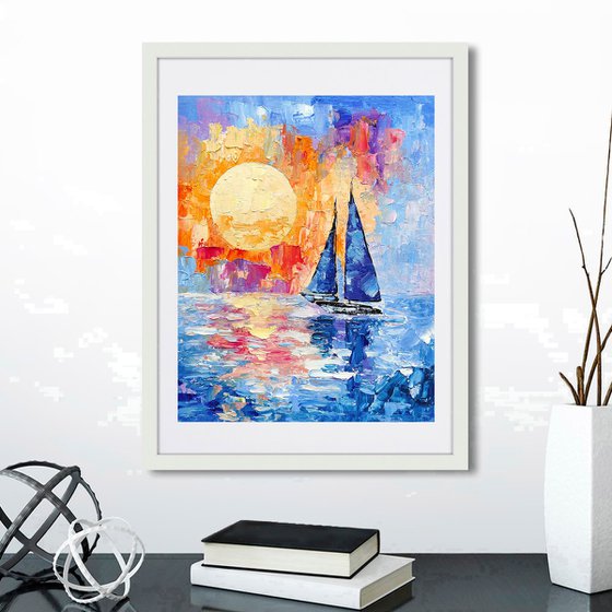 Sailboat Painting Bright Sunset Art Seascape