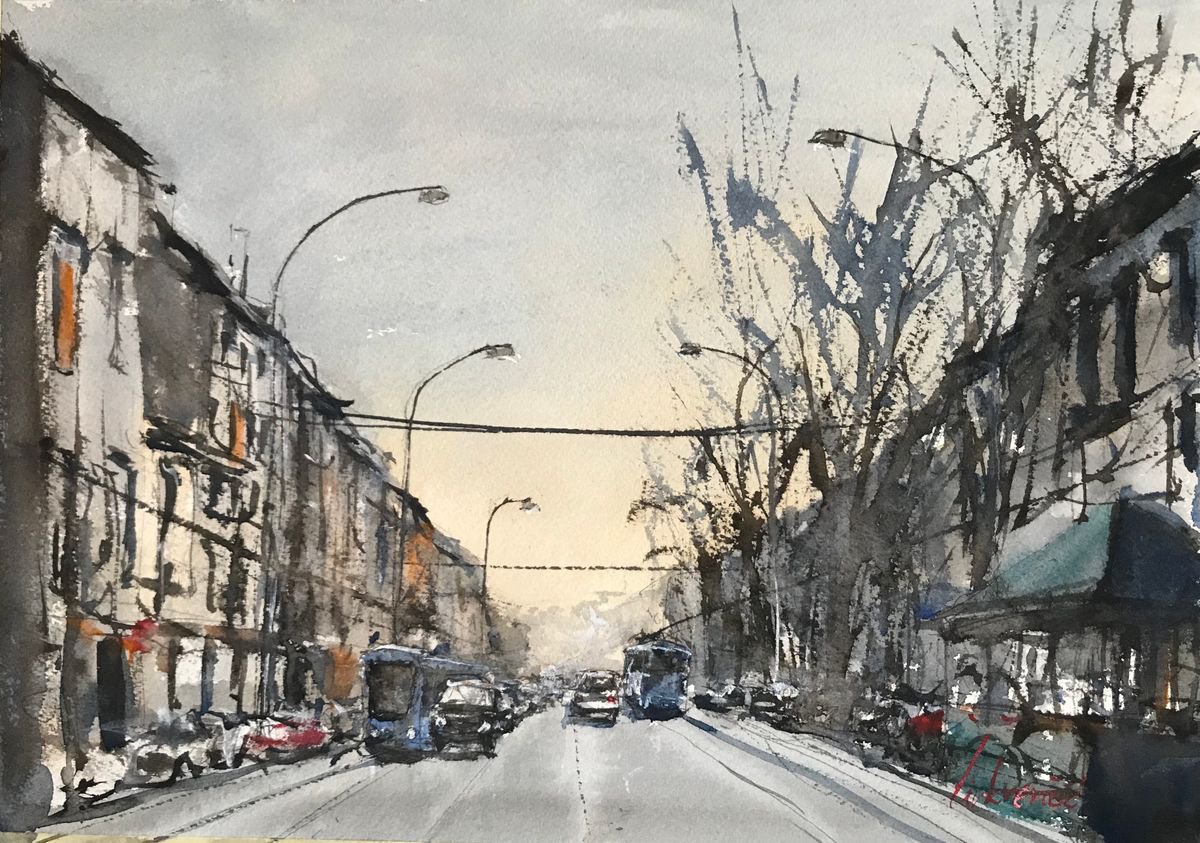 Impressionistic Cityscapes Watercolour By Tihomir Cirkvencic, 13 X 9", Early Spring In The City Ii, Original Artwork