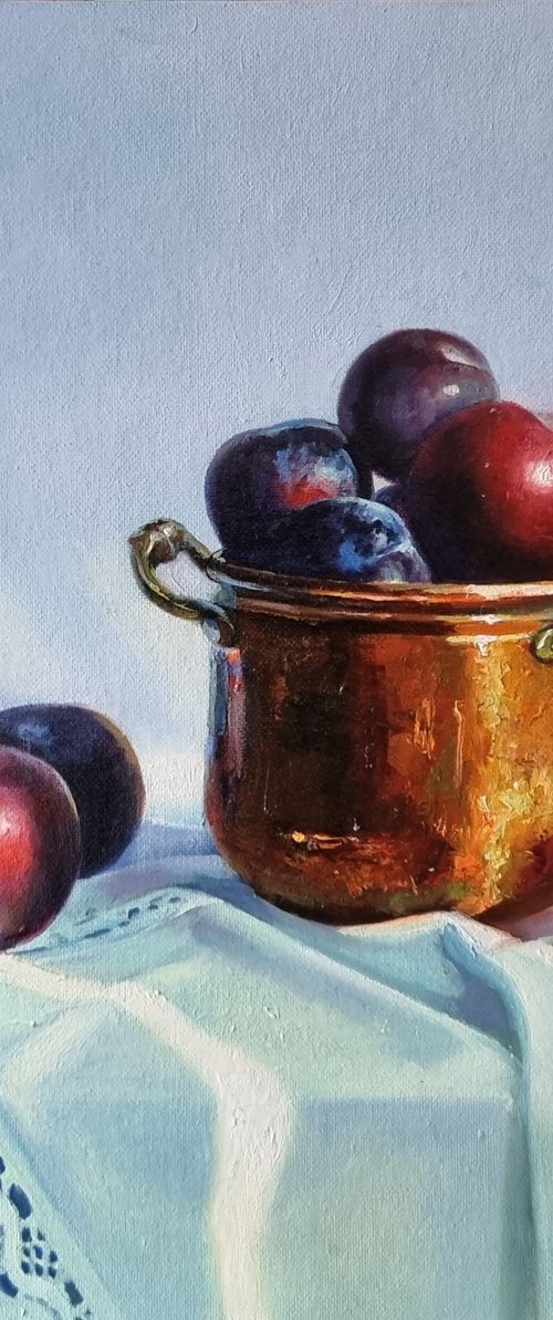 "Small copper saucepan and plums."  still life liGHt original painting PALETTE KNIFE  GIFT (2021) by Anna Bessonova (Kotelnik)