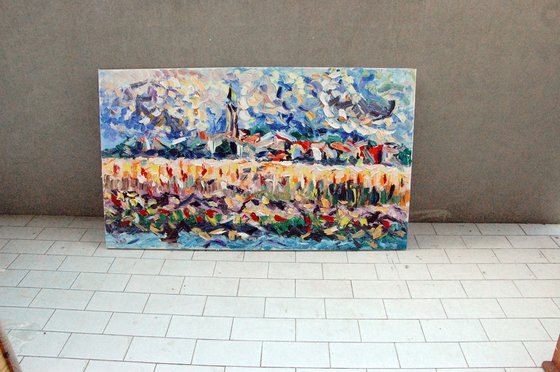 CAMPANILE CON GRANO olio su tela 120x60cm