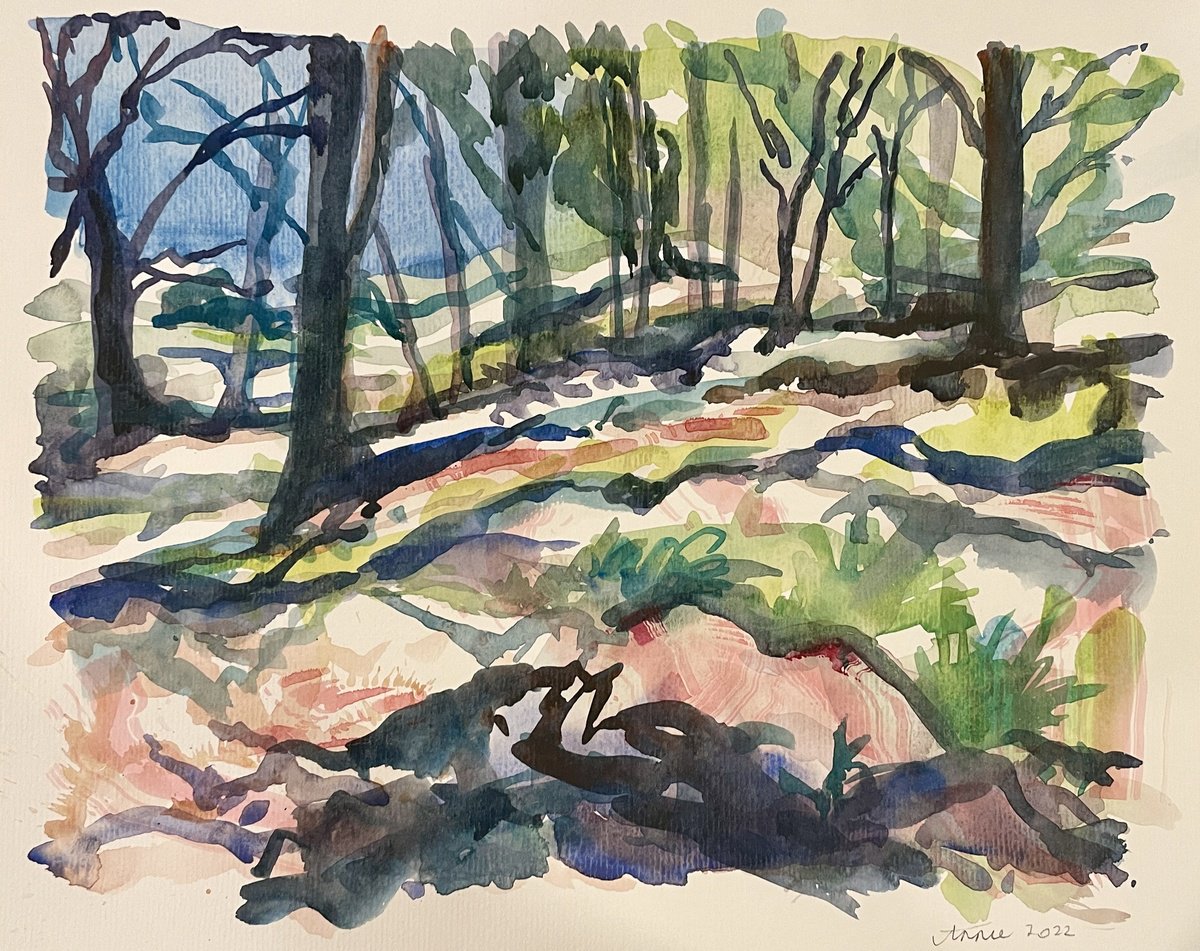 Impressionistic Landscape Watercolour By Annie Meier, 15 X 11, Through The Trees 1 - Mallorca, Original Artwork