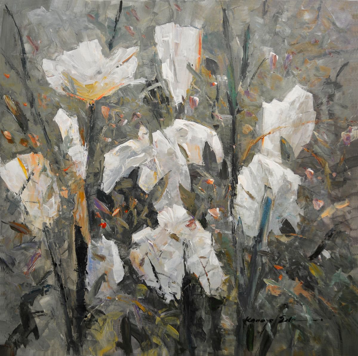 Impressionistic Botanical Acrylic Painting By Kanayo Ede, 36 X 36", White Garden, Original Artwork
