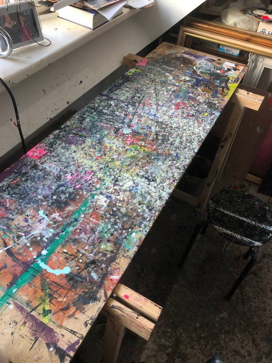 "Artist table" (117x51x2,8 cm) - Collectors item (abstract, gouache, original, painting, coffee, acrylic, oil, watercolor, encaustics, beeswax, resin, wood, fingerpaint)