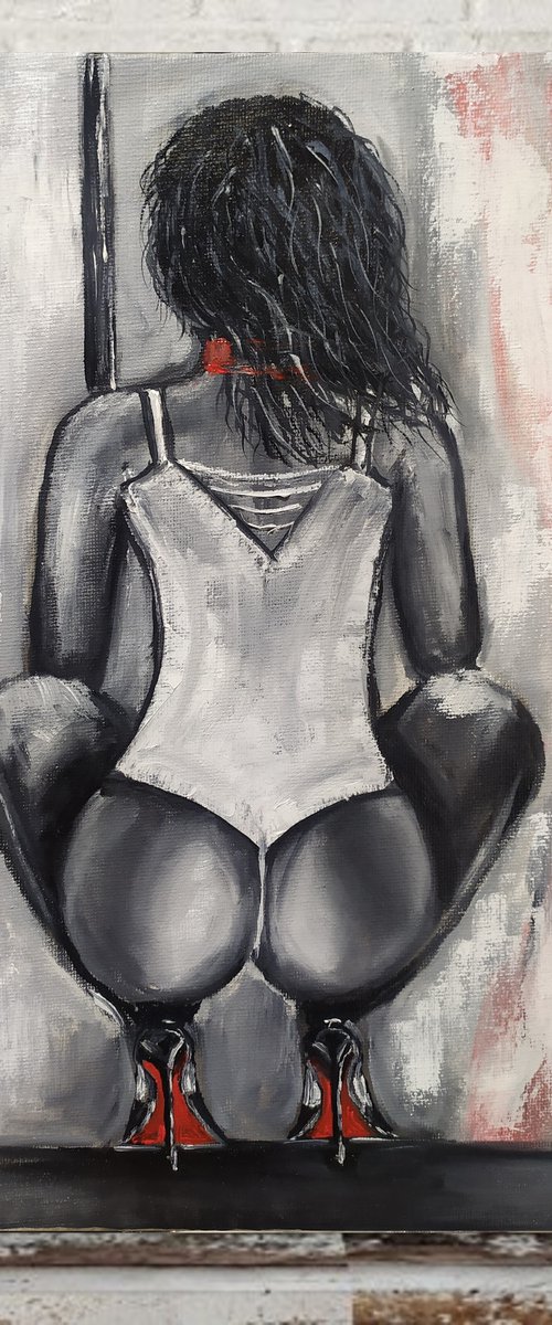 Erotic dance, nude black and white gestural girl oil painting, gift idea by Nataliia Plakhotnyk