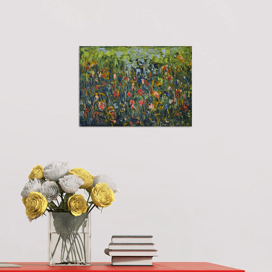 Green Meadow - Palette knife  Modern abstract flowers