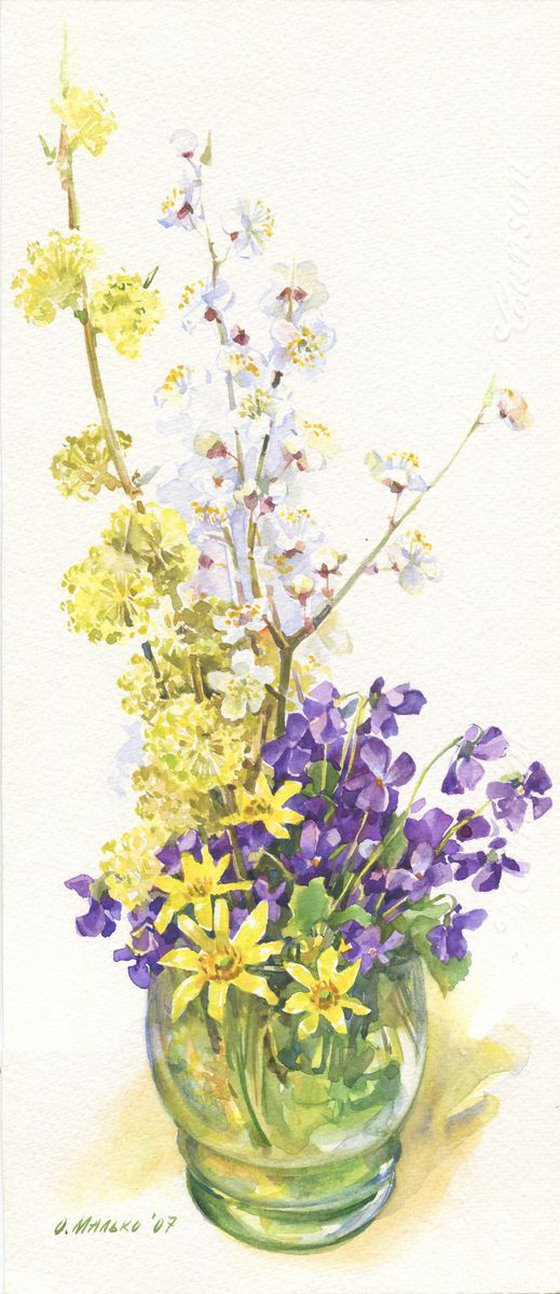 Spring flowers in green glass / Violets & flowering branches. Floral watercolor