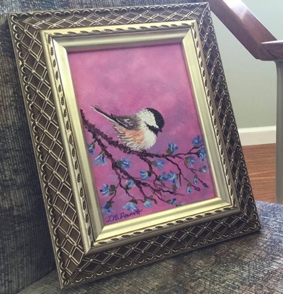 Fuschia Pink Chickadee Painting - framed 7X5 inch framed painting (SOLD)