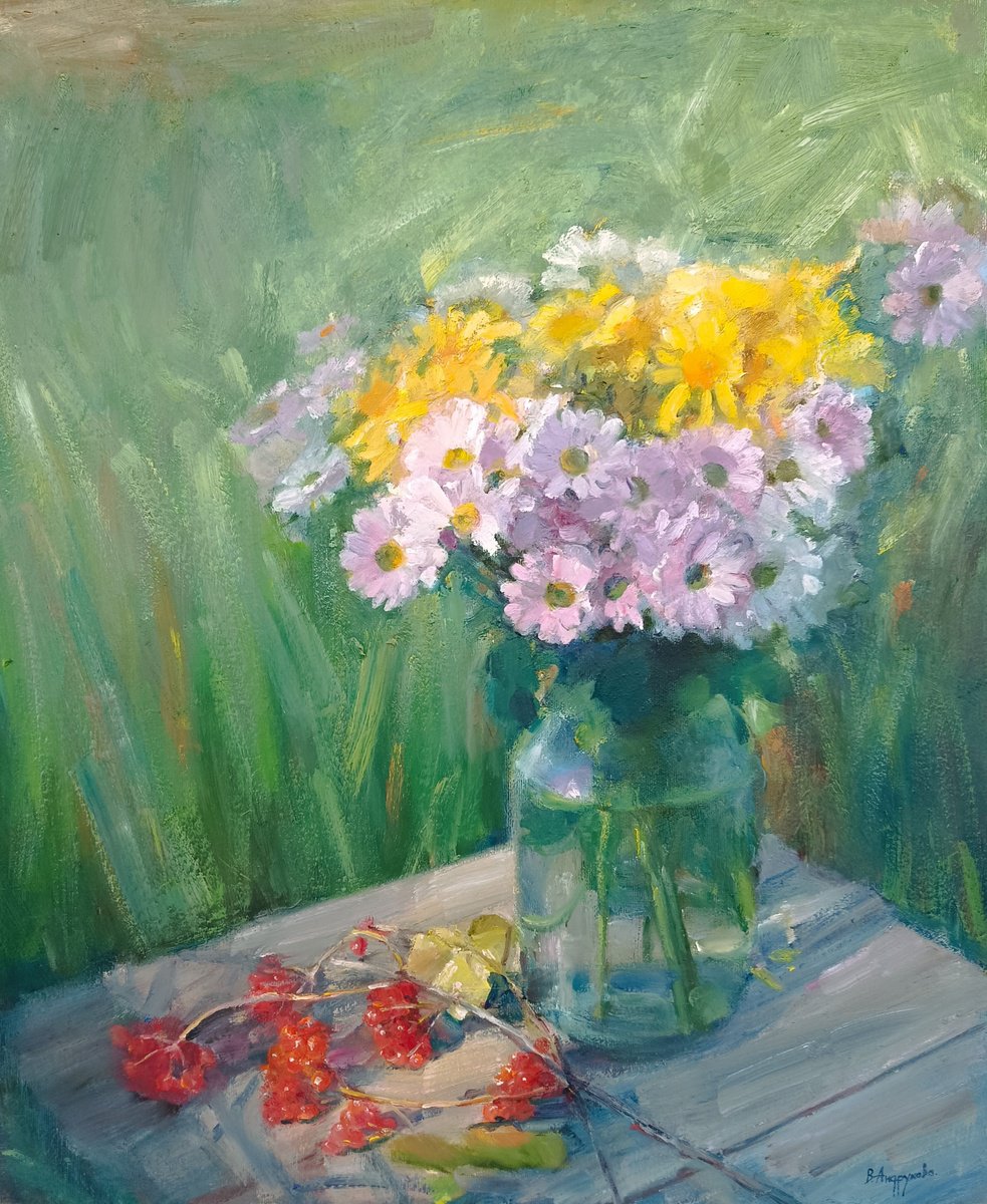 Impressionistic Still Life Oil Painting By Valentina Andrukhova, 20 X 24", Flowers And Viburnum, Original Artwork