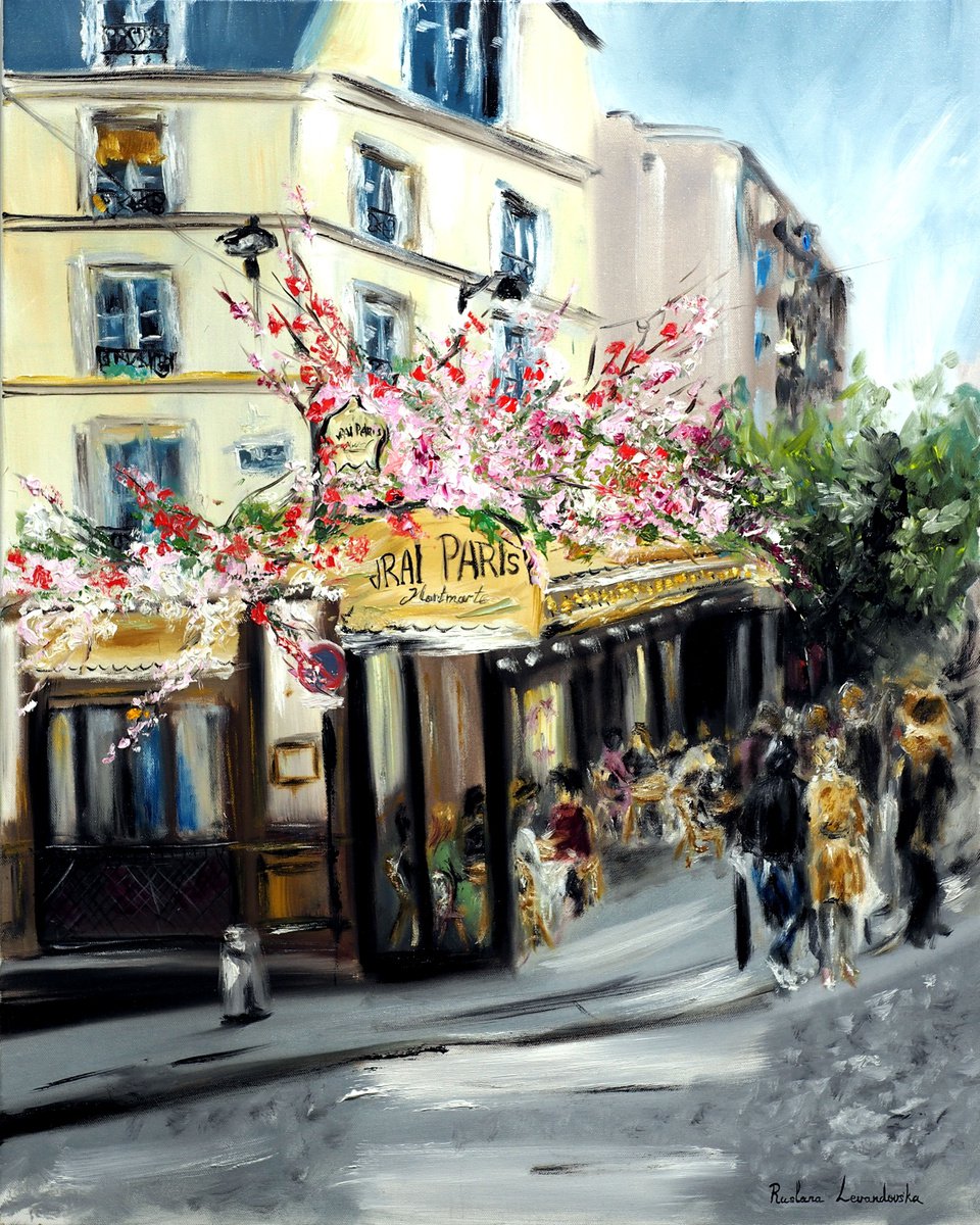 Impressionistic Cityscapes Oil Painting By Ruslana Levandovska, 24 X 30", Le Vrai Paris Cafe, Montmarte, Original Artwork