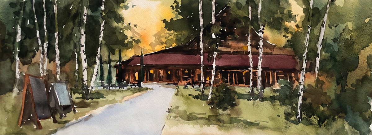 Impressionistic Landscape Watercolour By Olga Beloborodova, 24 X 9", Watercolor 36, Original Artwork