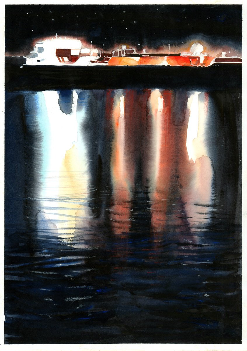 Impressionistic Landscape Watercolour By Anastasia Mamoshina, 12 X 17, Night Lights On The Sea, Original Artwork