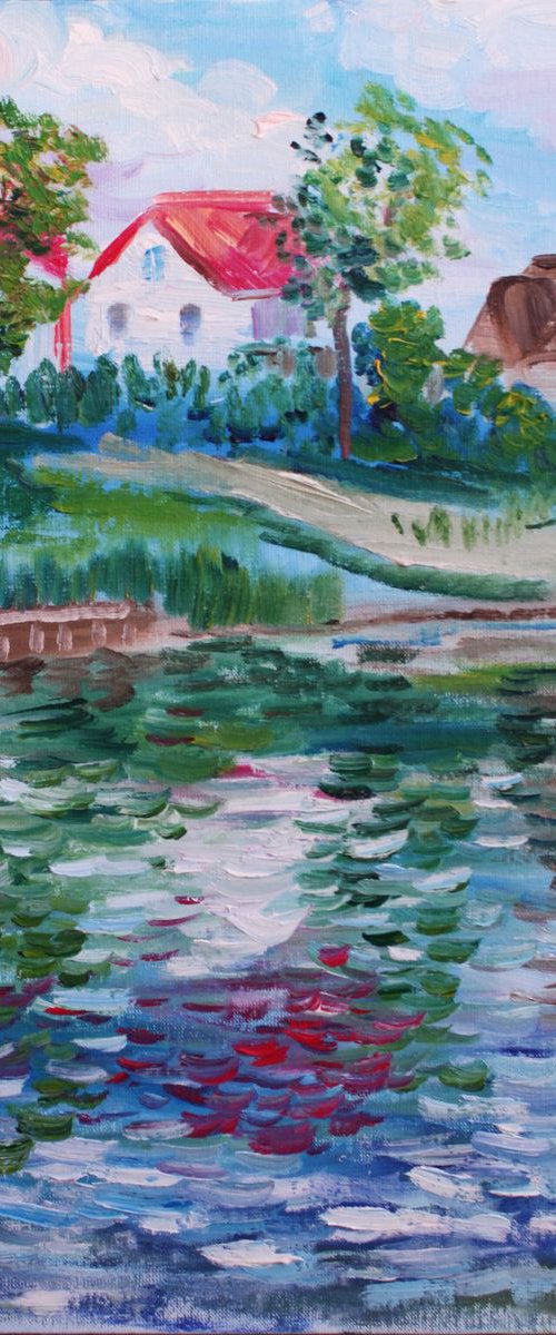 Pond in the village Plein air painting by Dmitry Fedorov