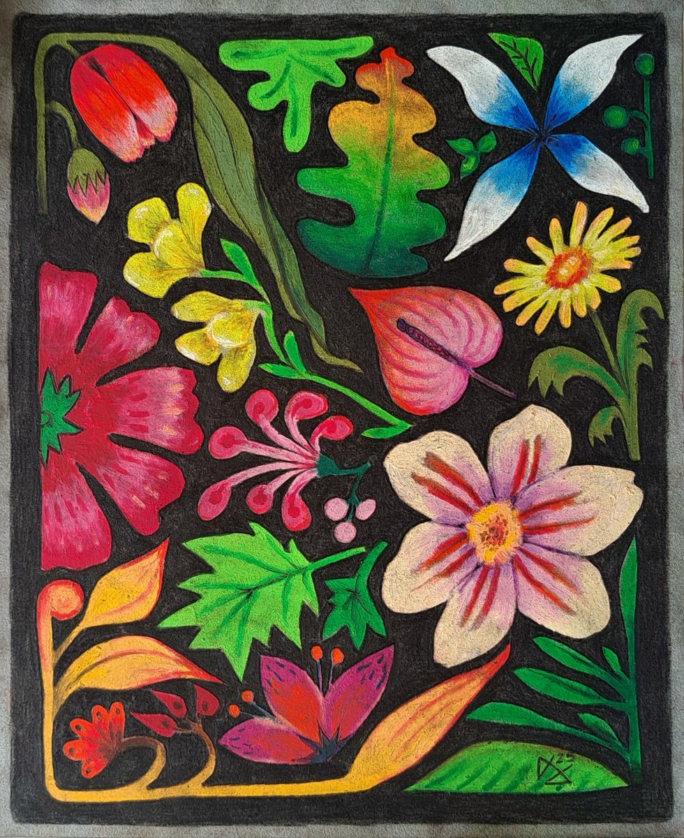 Organic Botanical Pastel Drawing By Andromachi Giannopoulou, 10 X 13, Flower Power, Original Artwork