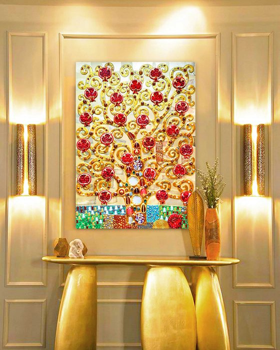 Pomegranate Tree artwork. Golden red art. Decorative wooden relief textured wall hanging sculpture with precious stones and crystal rhinestones. Gift