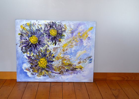 Angel's sky with a touch of Van Gogh ABSTRACT FLOWERS IMPRESSIONISTIC READY TO HANG FREE SHIPPING