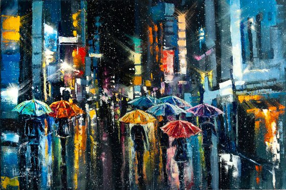 "Street of the night city" people with umbrella , original oil painting