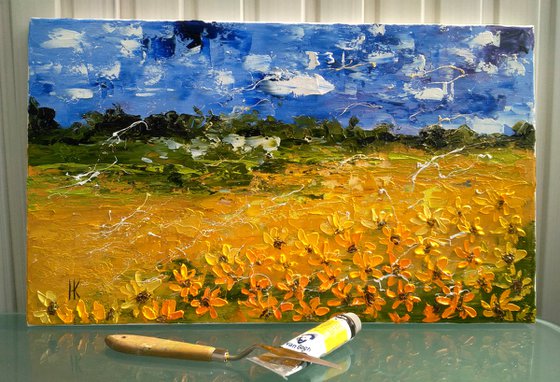 Ukraine Painting Landscape Original Art Sunflower Field Oil Impasto Artwork Ukrainian Sky Home Wall Art 20 by 12 inches