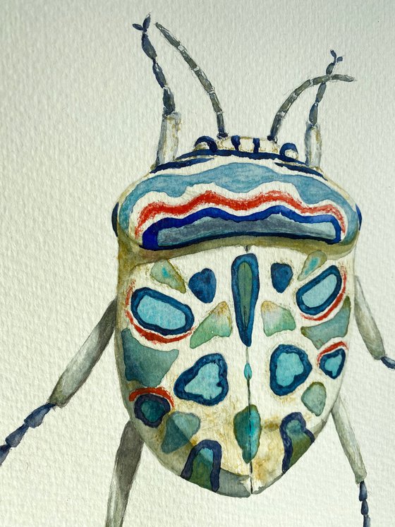 Picasso beetle in the sun's rays like a living canvas demonstrates nature's creativity in bright colour