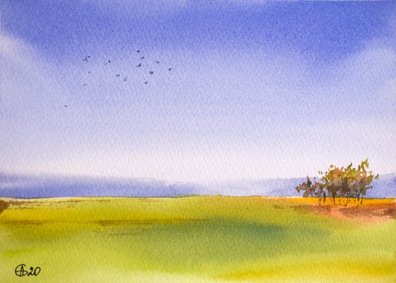 Castilla field in autumn. Small watercolor painting landscape sky impressionistic nature blue sky yellow blue Spain Travel trip yellow