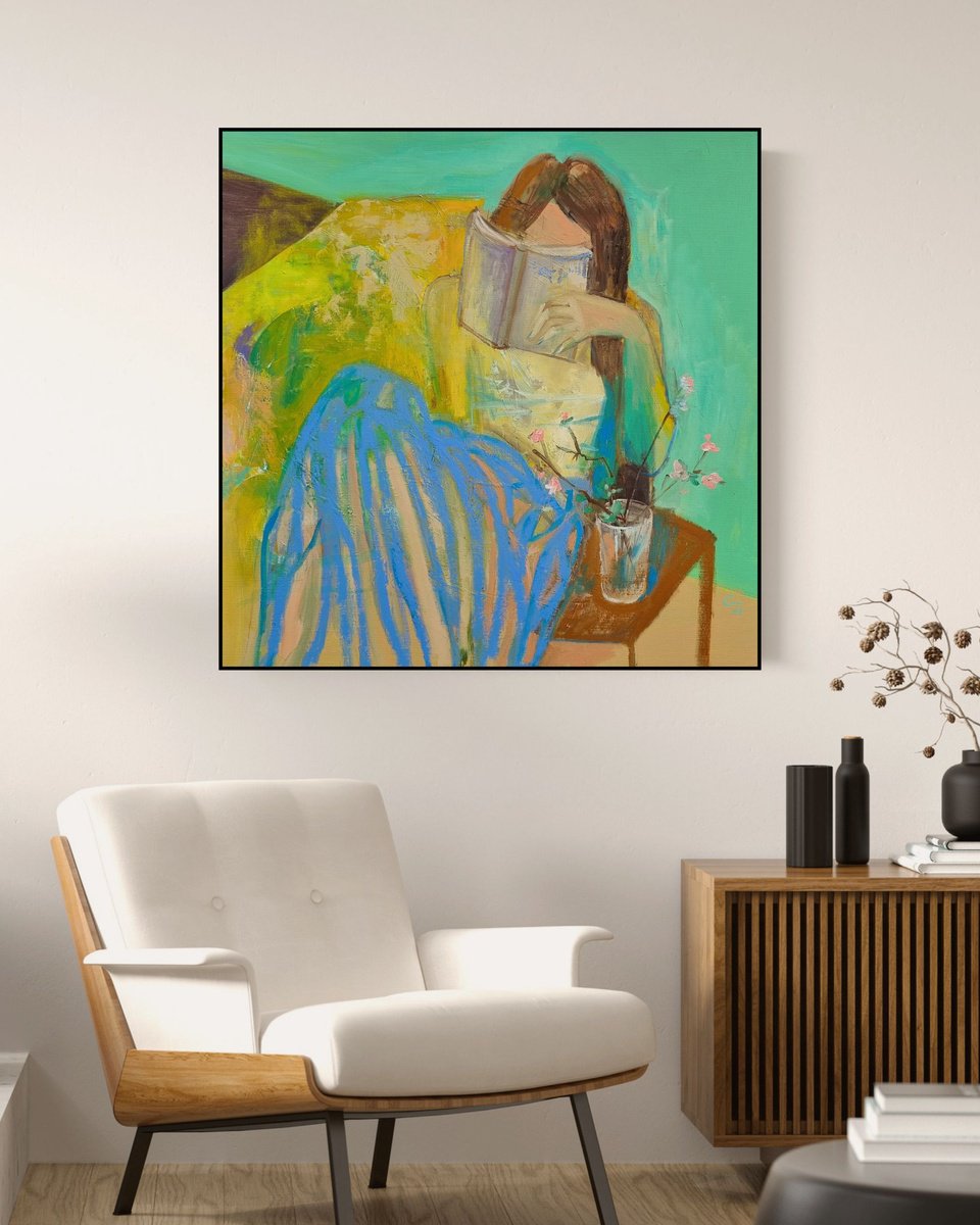 Impressionistic Portrait Oil Painting By Victoria Cozmolici, 31 X 31", Favorite Book, Original Artwork