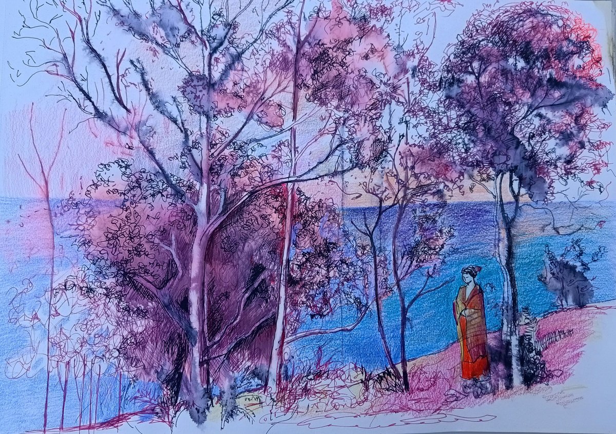 Expressive Landscape Ink Drawing By Marina Del Pozo, 17 X 12", Gheisa And The Sea, Original Artwork