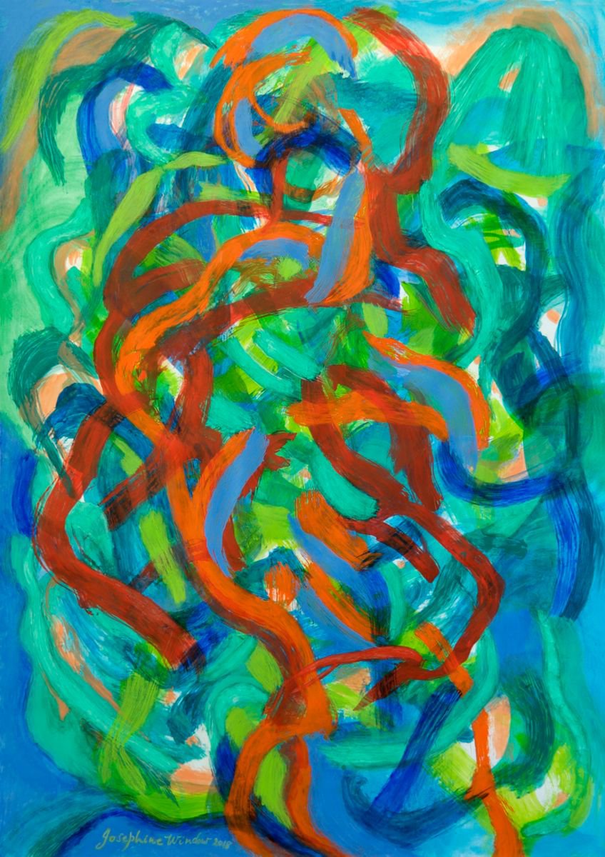Expressive Abstract Acrylic Painting By Josephine Window, 23 X 33", Rhythms 1 - Blue, Orange - Green, Red, Original Artwork