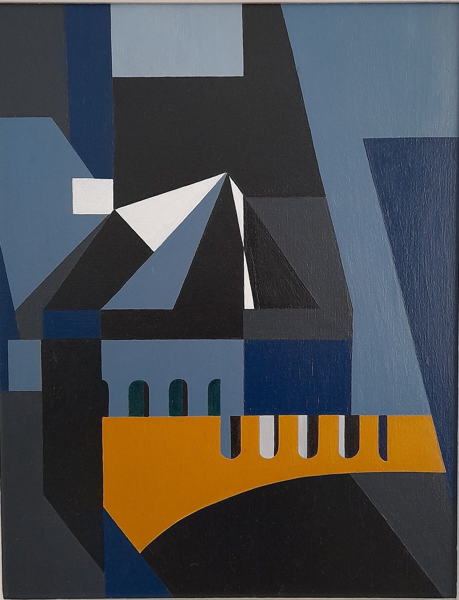 Geometric Abstract Oil Painting By Paul Heron, 17 X 21", Townscape, Original Artwork