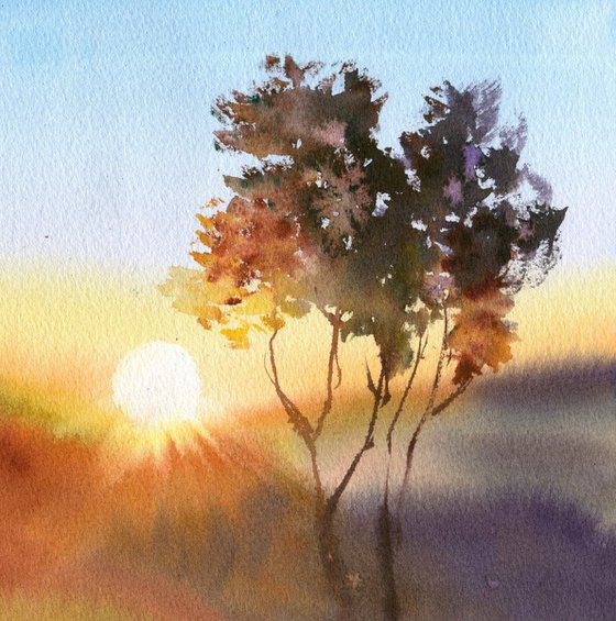 Tree at the sunset original art work, blue sky and bright sun medium painting