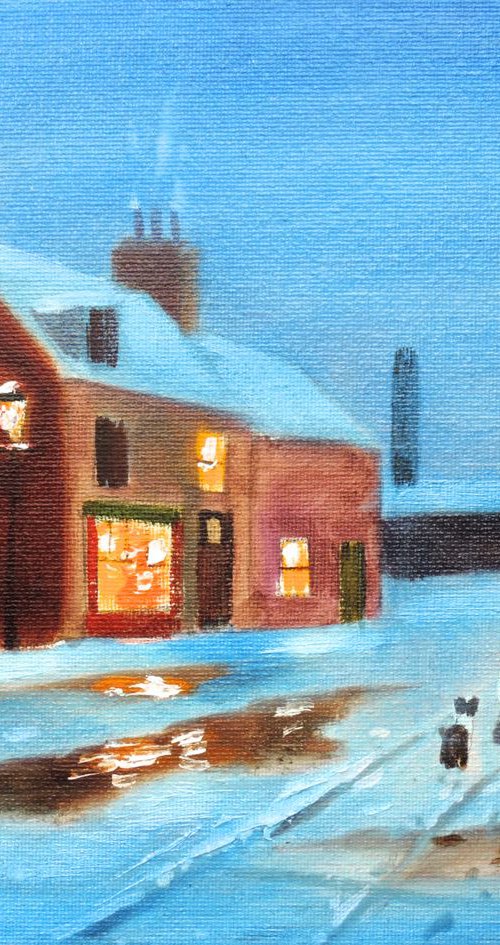 A blue winter 10 x 8 oil on panel by Gordon Bruce