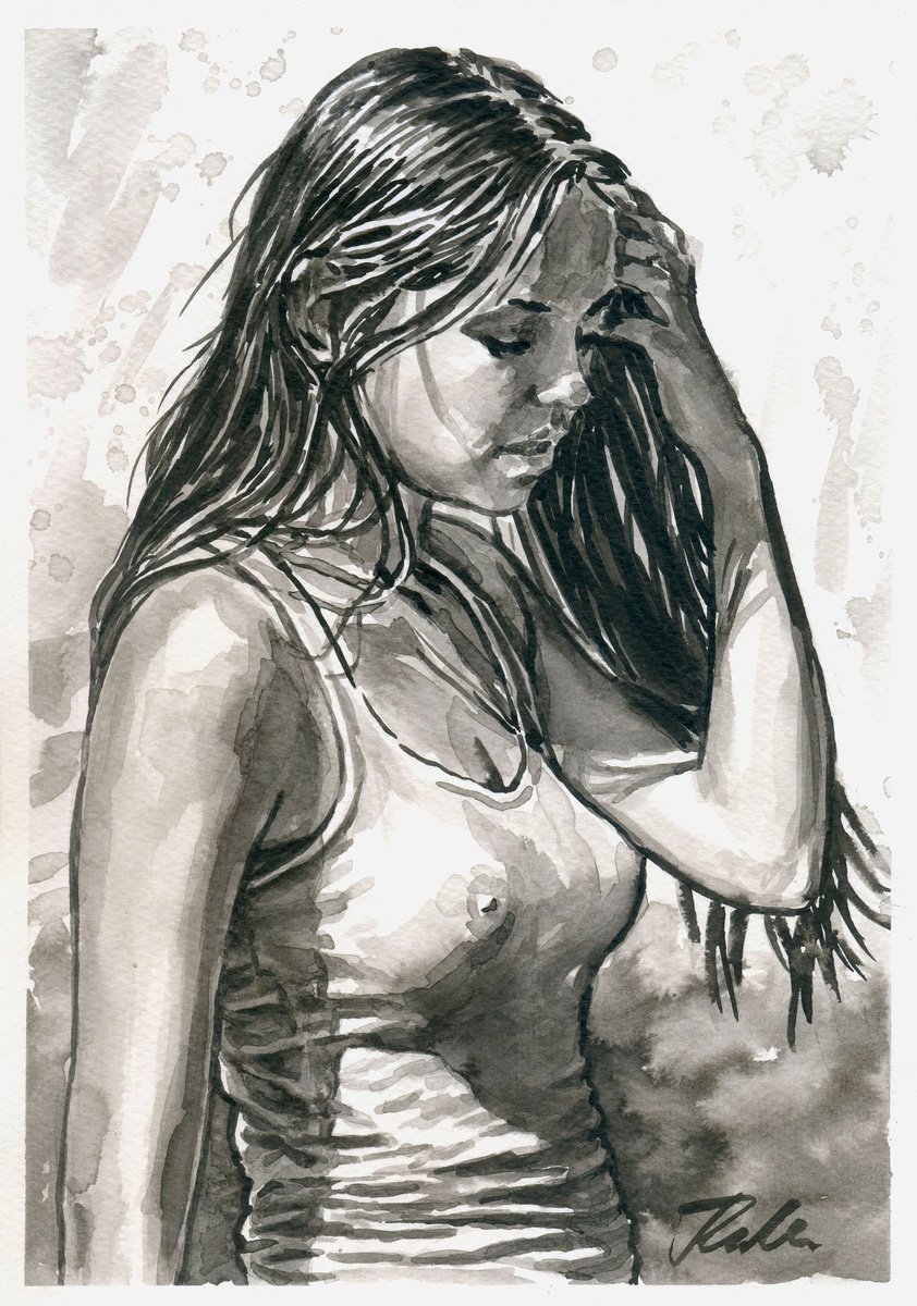 Urban And Pop Portrait Ink Drawing By Tashe, 8 X 12", "Torrid Day", Original Artwork