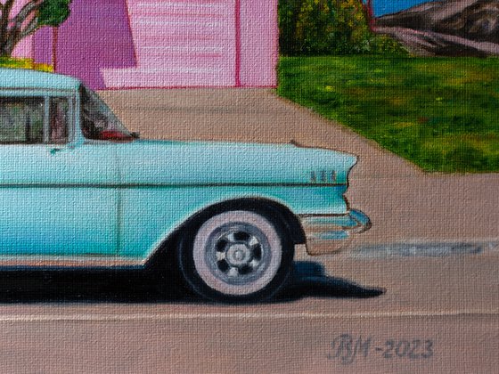 PINK AND TURQUISE by Vera Melnyk (Vintage California Vibes: Pink House, Turquoise Buick, Palm Trees - Ideal for Art Collectors)