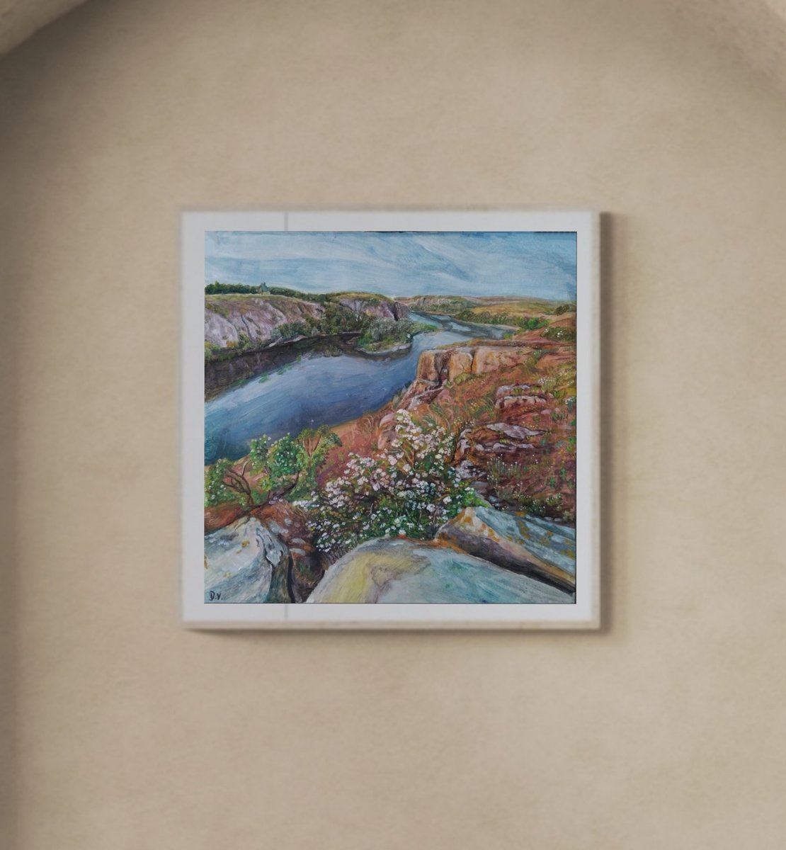 Landscape Oil Painting By Viktoria Deri, 14 X 15", Blossom Rocky Landscape, Original Artwork