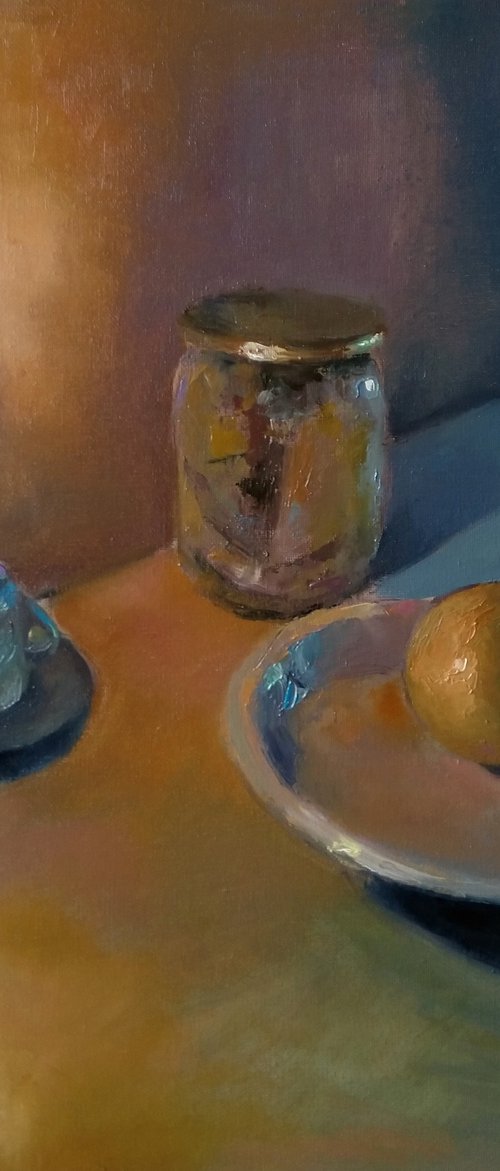 Still life-candle and apple (42x43cm, oil painting, ready to hang) by Kamsar Ohanyan