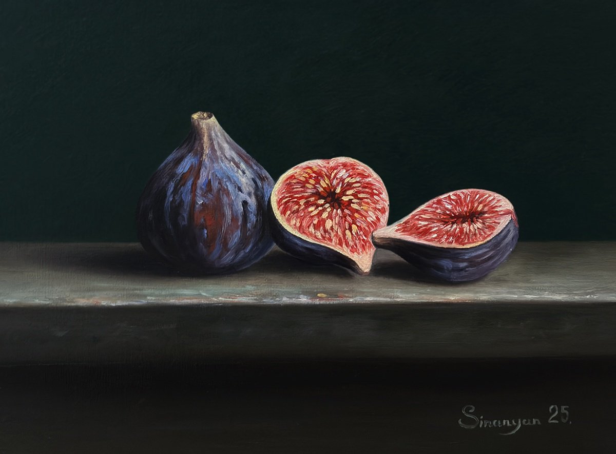 Photorealistic Still Life Oil Painting By Gevorg Sinanian, 9 X 7, The Heart Of Fig, Original Artwork