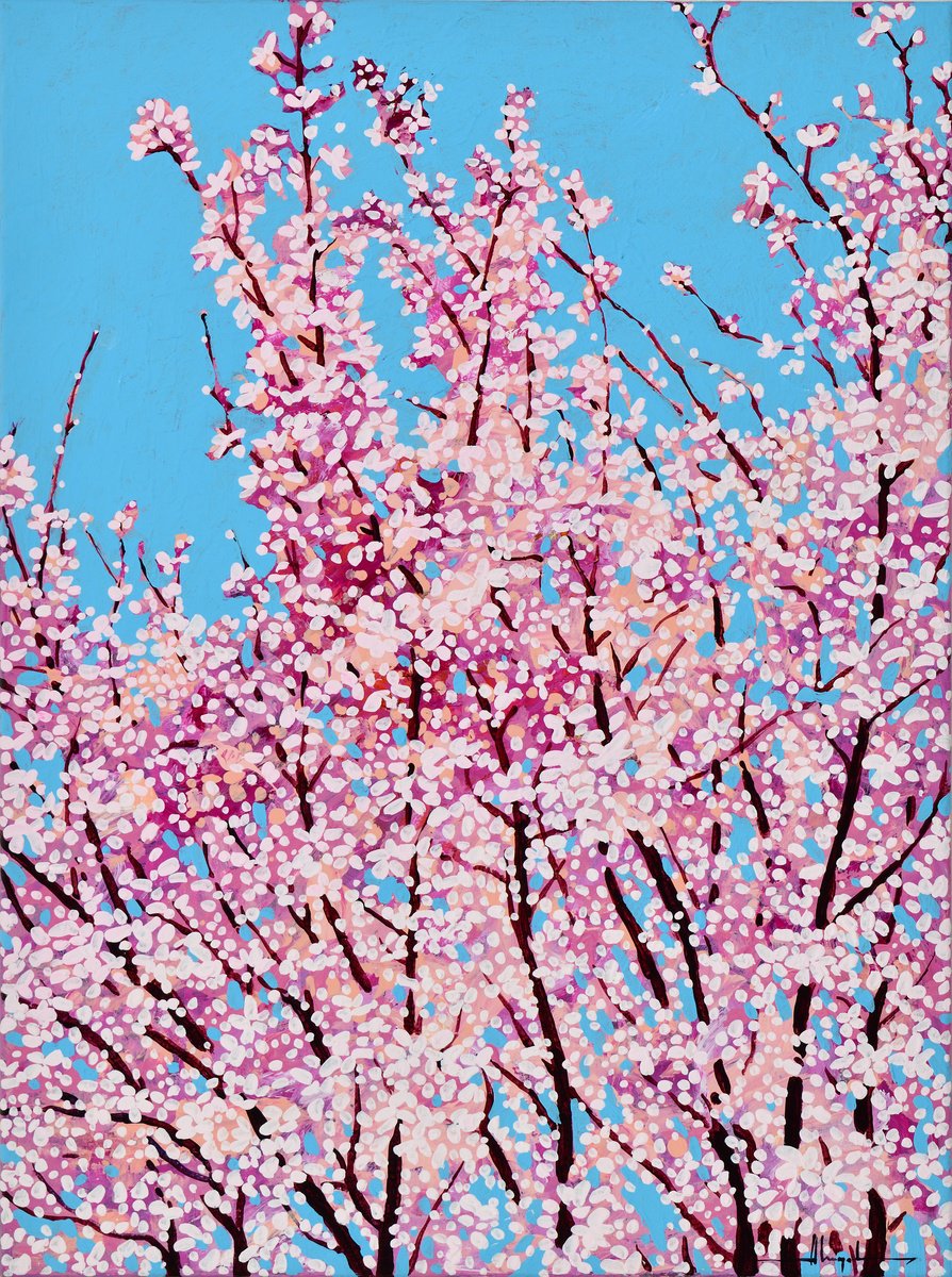 Urban And Pop Botanical Acrylic Painting By Alex Nizovsky, 18 X 24, Cherry Blossom #6, Original Artwork