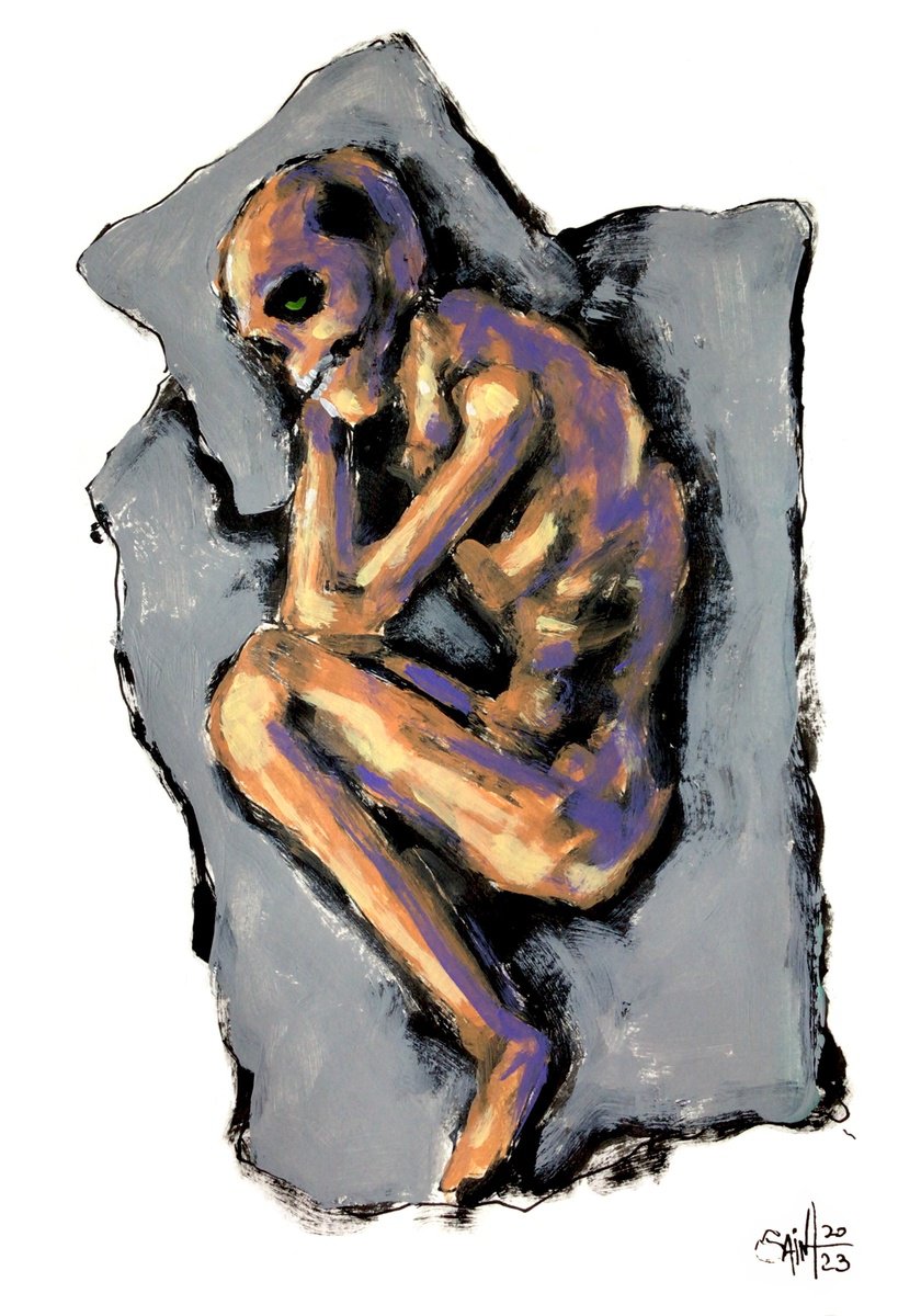 #136 Sleeper Zombie Monster portrait painting original art, Horror Naive Outsider Folk Art... by Ruslan Aksenov