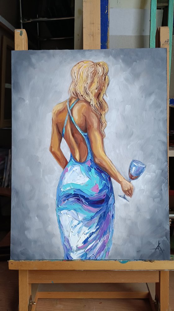 Grace of a woman - dress, woman oil painting, wine, female back, woman and wine, girl