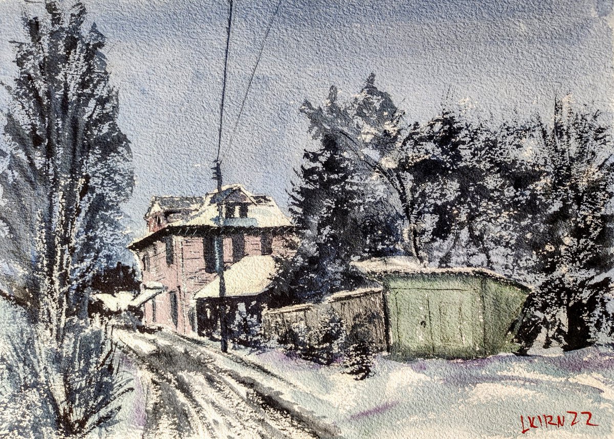 Impressionistic Cityscapes Watercolour By Leonid Kirnus, 15 X 11", Grey Winter Day, Original Artwork