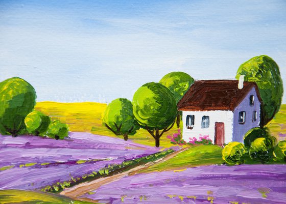 Lavender Fields. Miniature. Oil painting. 6 x 6in.
