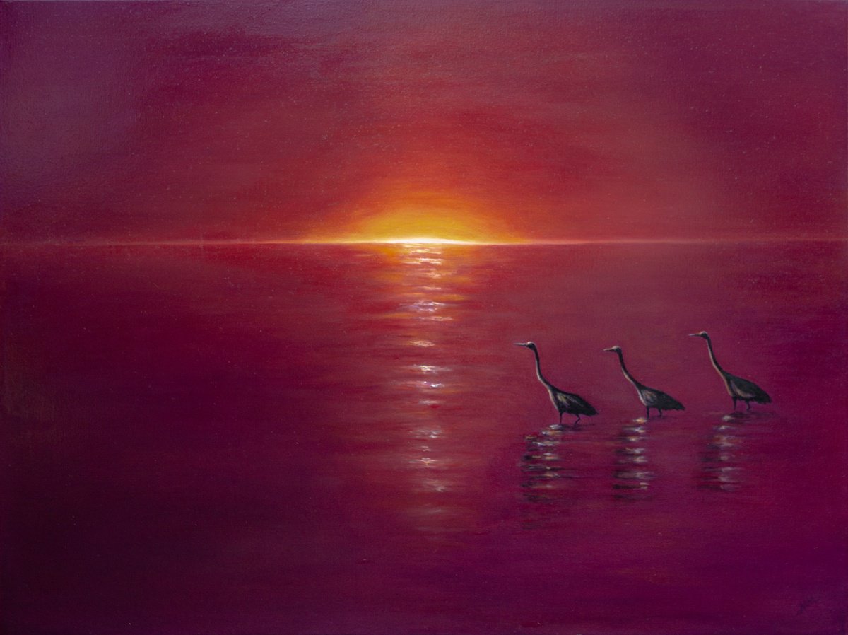 Impressionistic Landscape Oil Painting By Mila Moroko, 40 X 30", Japanese Cranes, Original Artwork