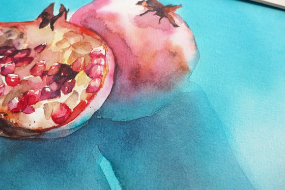Pomegranate on blue Watercolor fruits for kitchen
