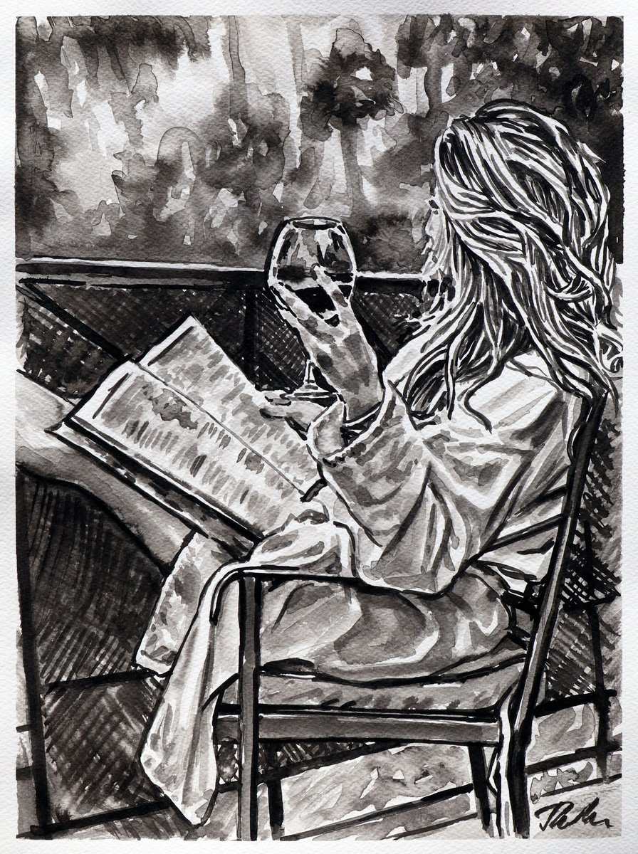 Urban And Pop Portrait Ink Drawing By Tashe, 12 X 16", "Enjoying Life", Original Artwork