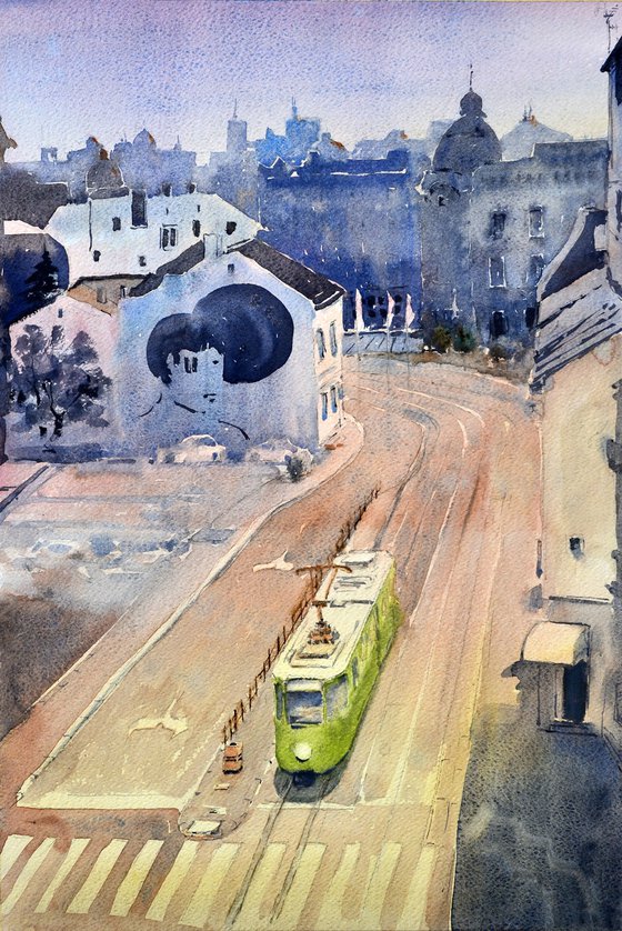 Stari zeleni tramvaj svajcarac Beograd 53x35cm 2022