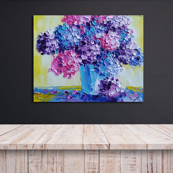 Flowers in the house - small painting, bouquet, hydrangea, flowers oil painting, oil painting, flowers,  postcard, gift idea, gift