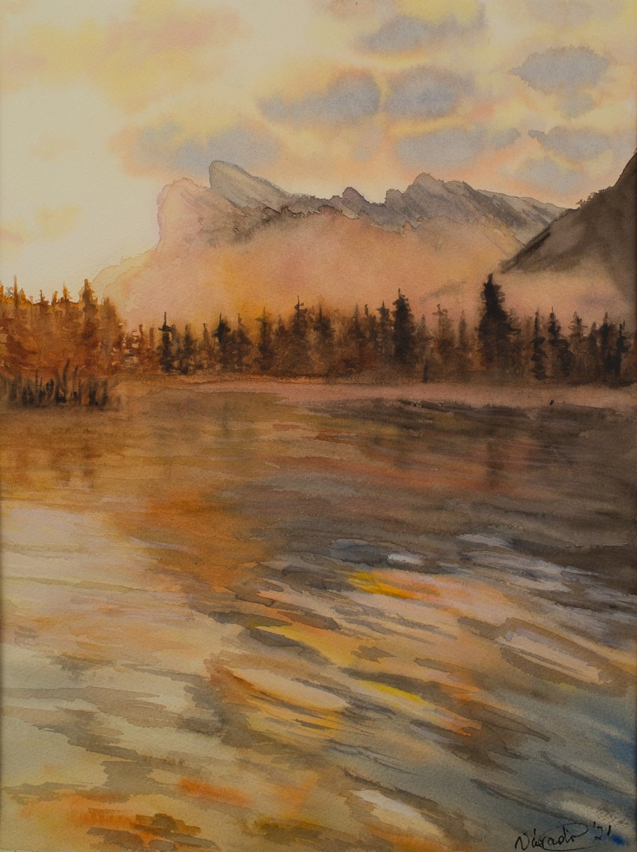 Mountain lake at sunset by Catherine Varadi