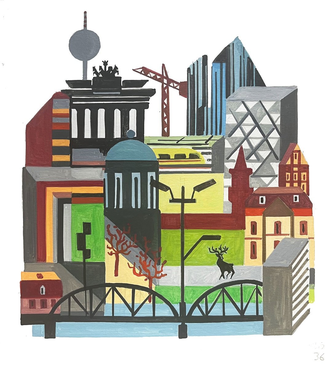 Urban And Pop Cityscapes Acrylic Painting By Andre Baldet, 13 X 14, Berlin-02, Original Artwork