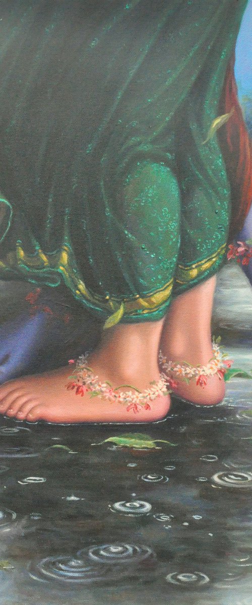 The Dancing Droplets On – The Lotus Feets | Oil Painting By Hari Om Singh by Hariom Hitesh Singh