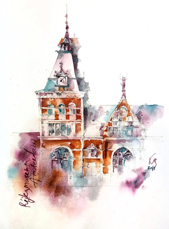 "Rijksmuseum Building. Amsterdam Netherlands" architectural landscape - Original watercolor painting