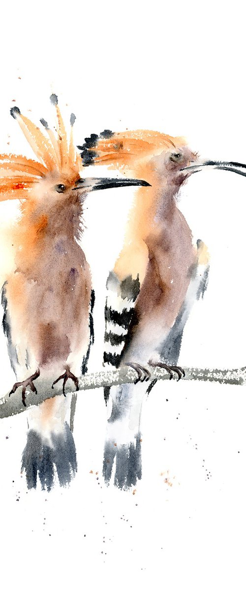 Two Hoopoes  - Original Watercolor Painting by Olga Tchefranov (Shefranov)